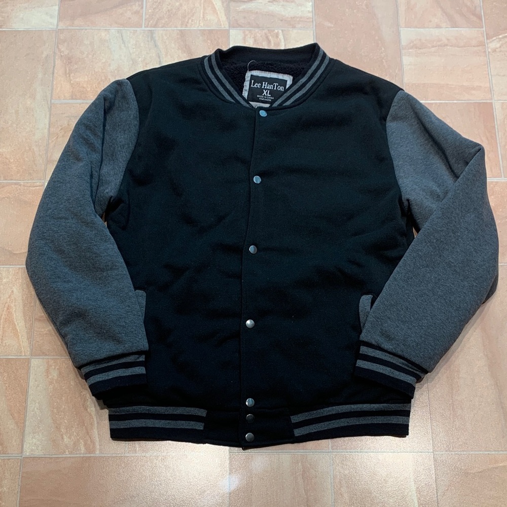 Lee Hanton Men's Casual Black & Gray Fur Lined Varsity Bomber Jacket